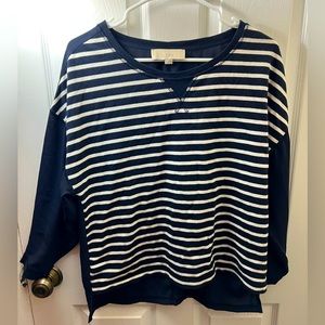 LOFT Medium Navy & White Striped Blouse w/ Sheer Navy Back